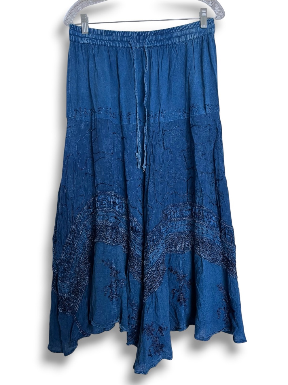 Boho Flowy Whimsy Fairycore Asymmetrical Handkerchief Hem Drawstring Blue Skirt - Picture 2 of 5